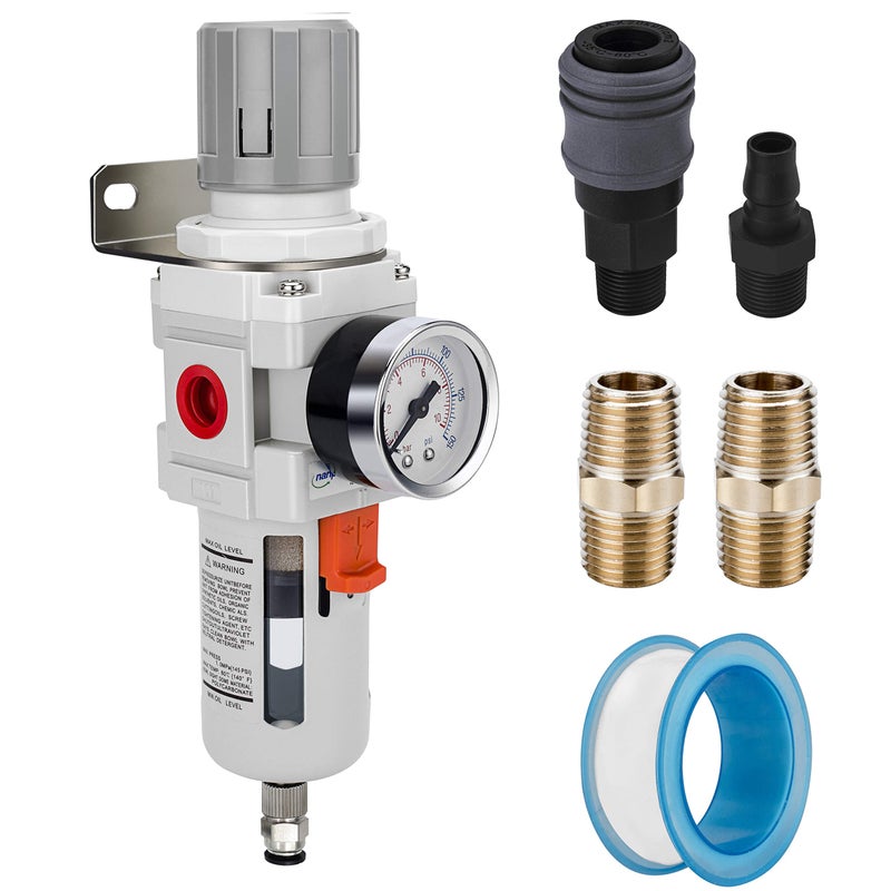 NANPU 1" NPT Compressed Air Filter Regulator Combo Piggyback, 5 Micron Brass Element, Poly Bowl, Semi-Auto Drain, Metal Bracket, 0-150 psi Gauge - Image 1